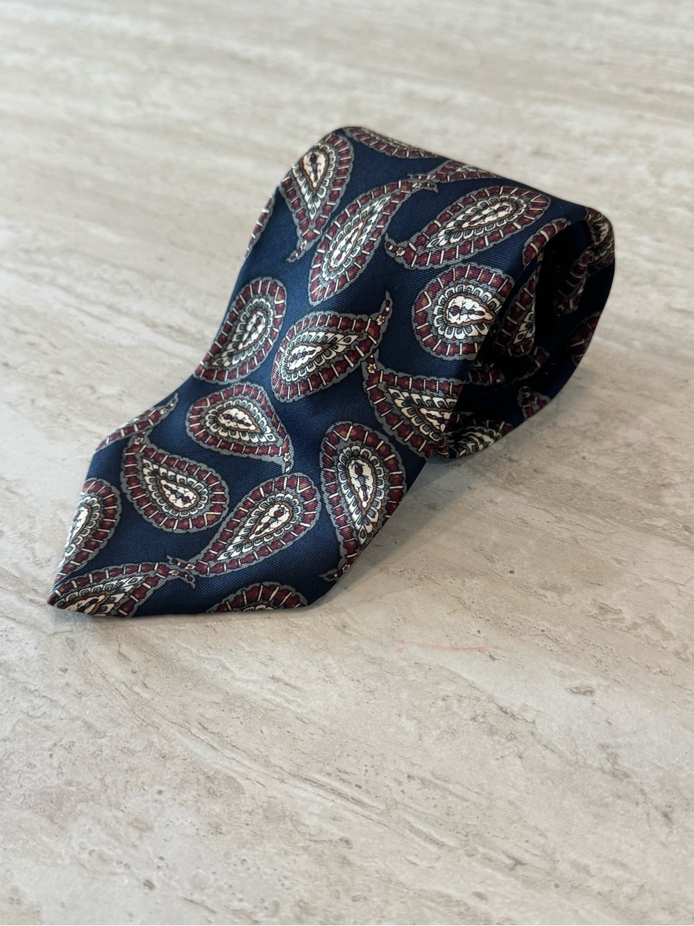 Vintage Pierre Balmain Paris Silk Paisley Tie Extra Long Navy Blue Italian Silk